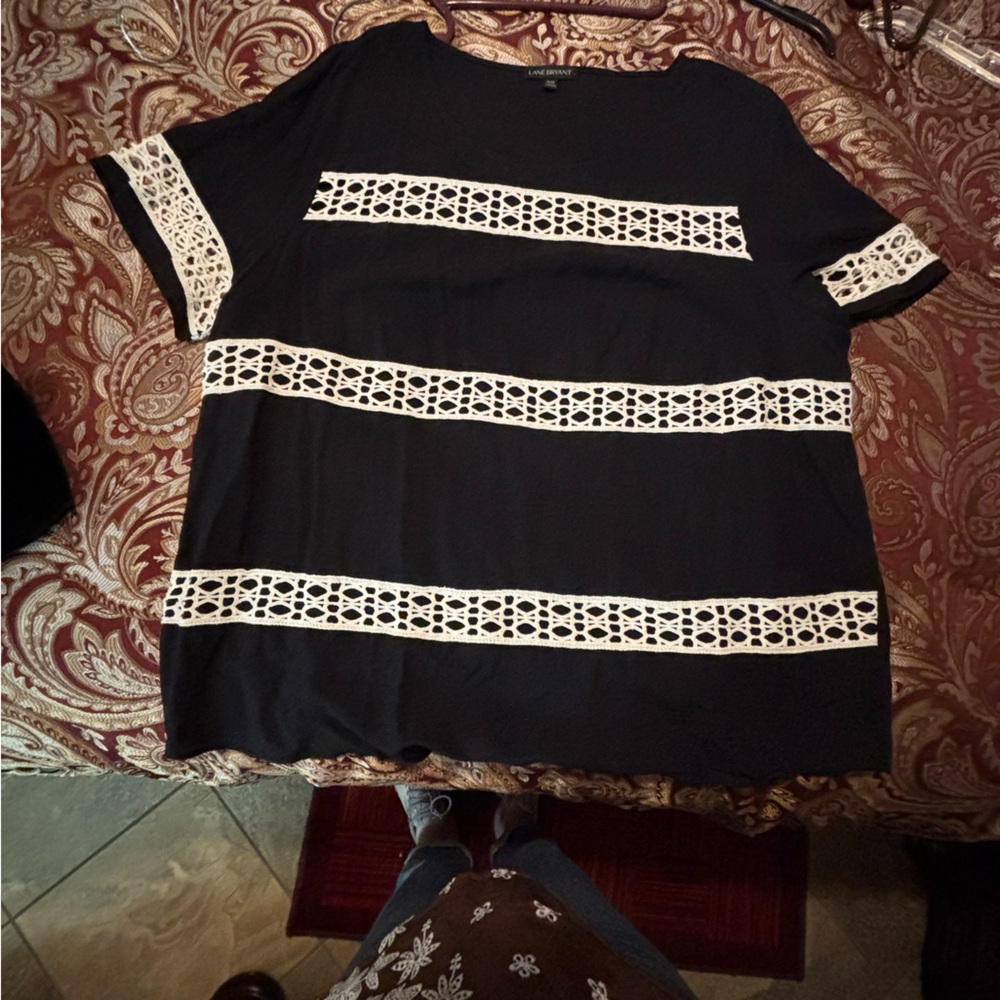 Lane Bryant Black Short-Sleeve Tee with White Crochet Stripes
